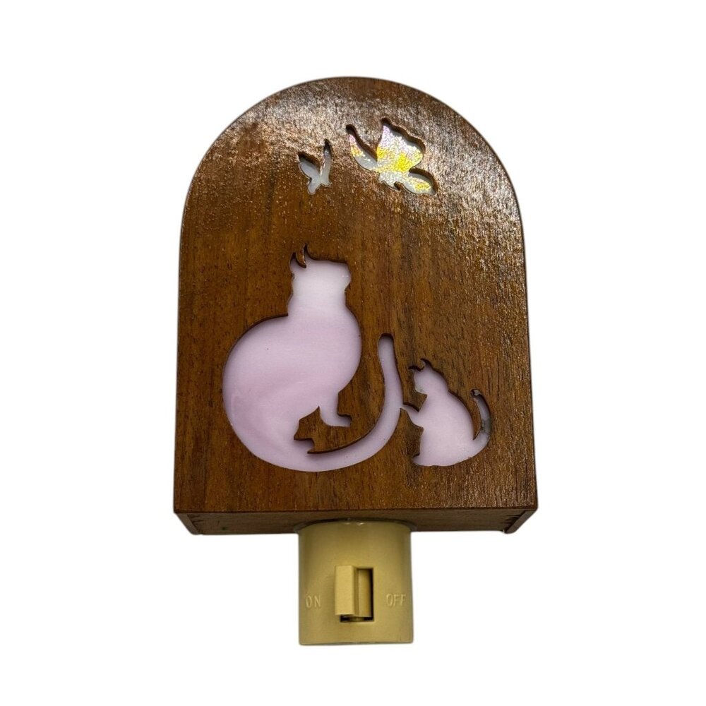Vintage Wooden Night Light With Cat & Butterfly Cutout Design
